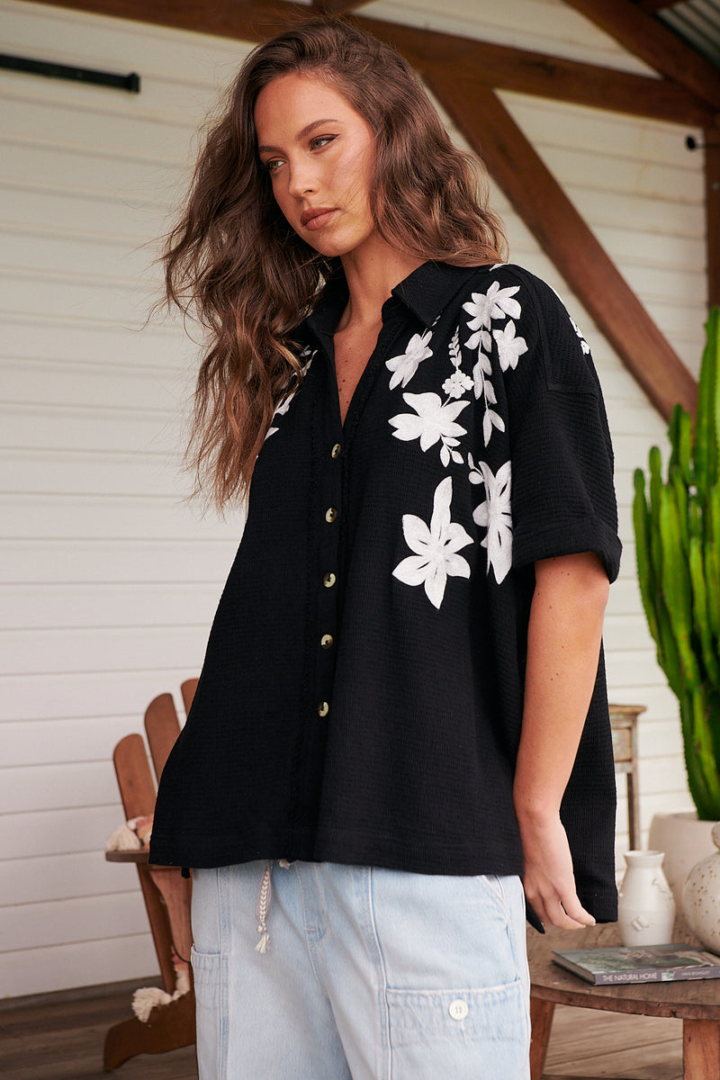 Flowers Embroidered Shirt~ Free People