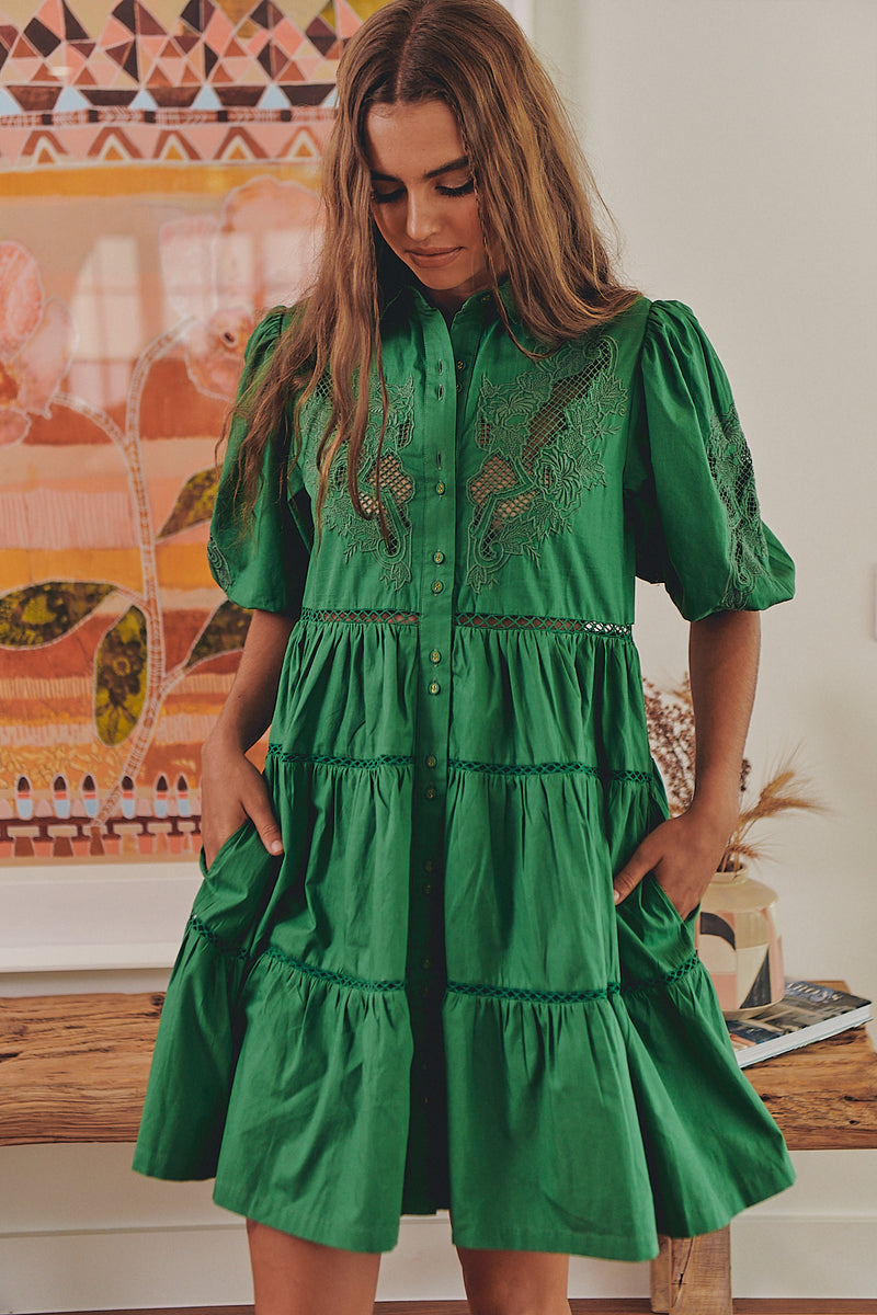 FLORA EMBROIDERY MINI DRESS- Jade ~ MOS the label